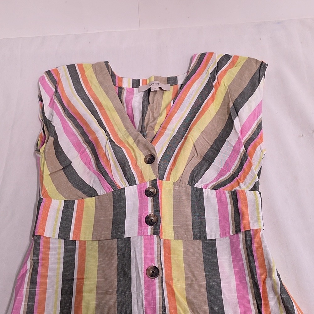 LOFT Dress Womens 0 Multi Color Striped Button Front V-Neck Sleeveless Midi